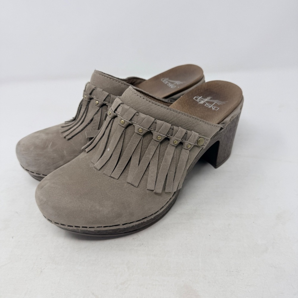 Dansko Taupe Nubuck Leather Fringe Studded Heeled Clogs Size 37 Boho Festival